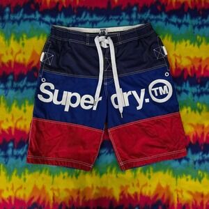 Superdry Mens XL Swim Trunks Colorblock Board Shorts Navy Blue Red Logo Cargo